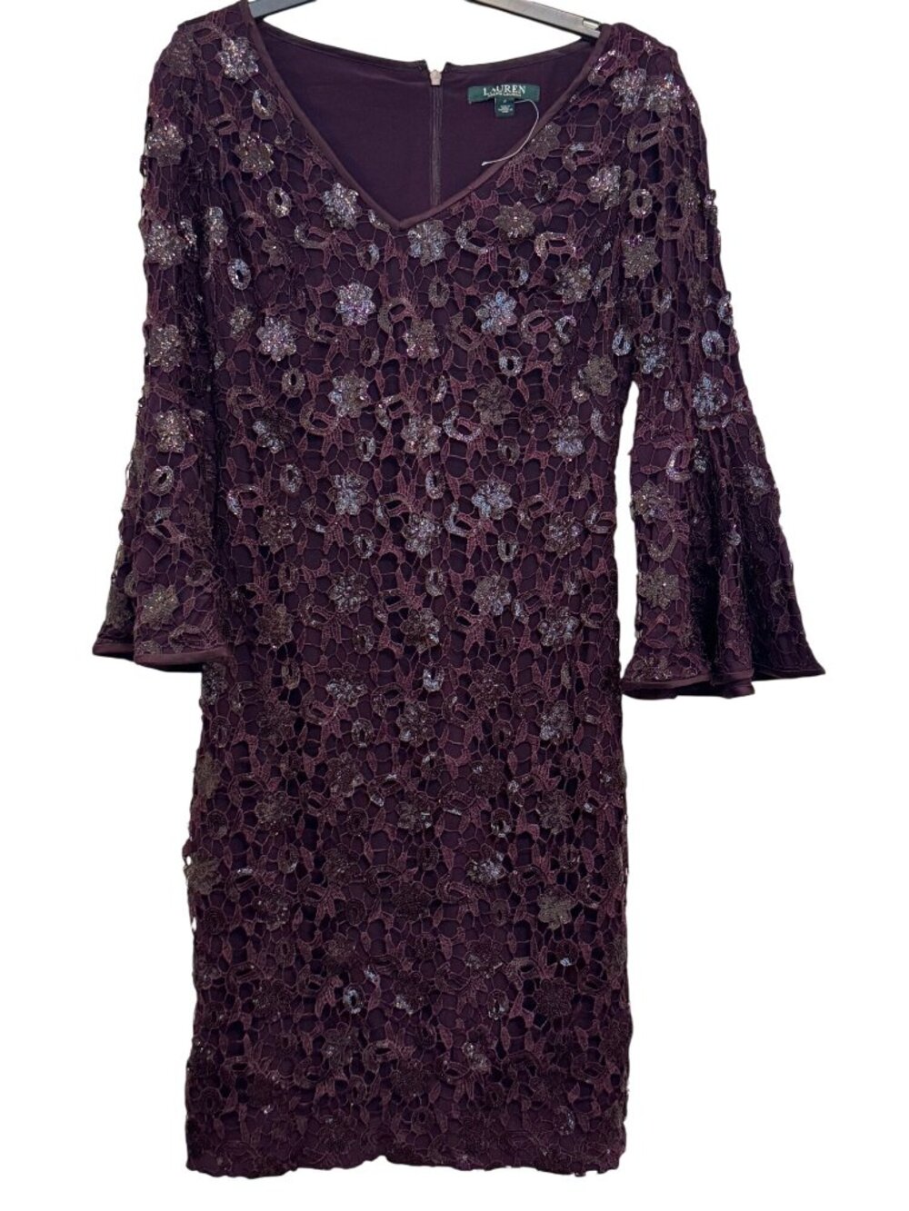 Lauren Ralph Lauren Purple Lace Bell Sleeve Sequin Dress Size 4